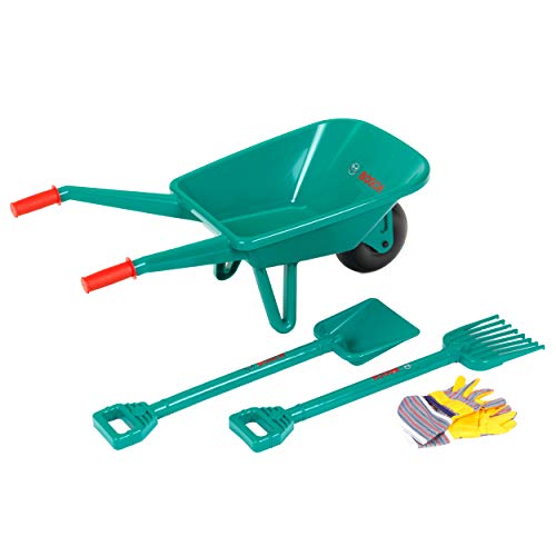 Theo Klein 2752 Set de jardinería con carretilla Bosch, Con pala, rastrillo y guantes de trabajo, Medidas: 70.5 cm x 34 cm x 33 cm, Juguete para niños a partir de 3 años