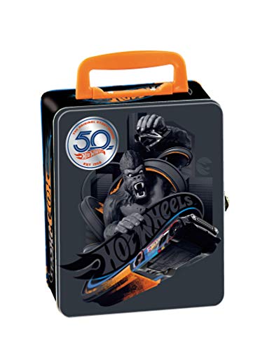 Theo Klein 2881 Maletín de Hot Wheels, Maletín de metal para hasta 50 coches, Separadores prácticos, Medidas: 37.5 cm x 26 cm x 8.5 cm, Juguete para niños a partir de 3 años