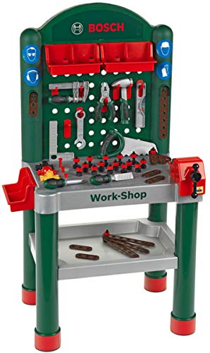 Theo Klein 8320 Taller Bosch, Superficie de trabajo de 79 piezas con función de aprendizaje, Medidas: 50 cm 37 cm 102 cm, Juguete para niños a partir de 3 años