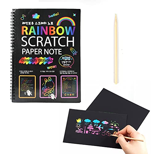 THETHO 30 Hojas Scratch Art Cuadernos para Rascar Dibujar Papel de Rascar Incluye 6 Cubiertas de Color y 3 Lápices de Madera, Manualidades para Rascar para Adultos y Niños Dibujar