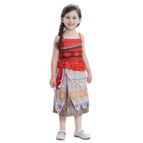 Thombase Moana Vaiana Traje de Princesa bebé niña Aventura Infantil para el Carnaval de Halloween Cosplay Ropa con Collar (Rojo-2, 2-3 año)