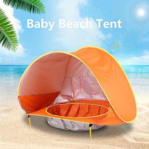 Tienda Playa Bebe Modelo Actualizada,Pop up Tienda de Bebé con Piscina para Infantil, Carpa Automática Plegable Portátil de protección Solar Anti UV 50+ (Adecuada para bebé de 3 a 36 Meses) (Naranja)