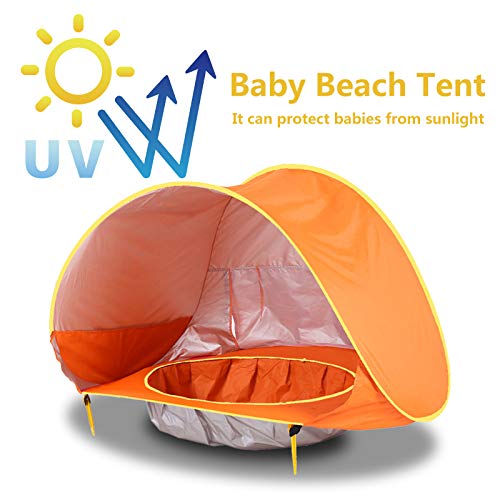 Tienda Playa Bebe Modelo Actualizada,Pop up Tienda de Bebé con Piscina para Infantil, Carpa Automática Plegable Portátil de protección Solar Anti UV 50+ (Adecuada para bebé de 3 a 36 Meses) (Naranja)