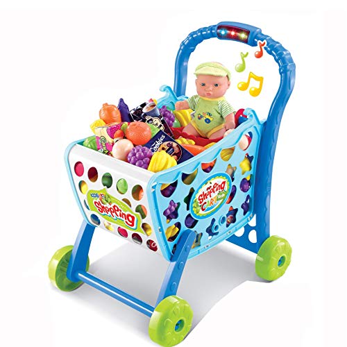 Tiktaktoo Carrito de Compras Einkaufstrolley para Niños con Música y Luz, Azul, Relleno con 36 Piezas Accesorio Tienda de Juguete Puesto de Juguete Tante Emma Descargar Verkaufsshop