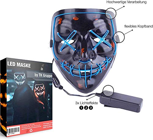 TK Gruppe Timo Klingler Máscara de terror LED roja - como de Purge con 3 efectos de luz, controlable, para Halloween como disfraz para hombres y mujeres (blue)