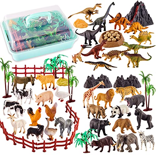 TOEY PLAY 3 en 1 Mini Animales de Juguete con Dinosaurios, 56 Piezas Figuras Juguete Animales Salvajes Granja, Educativo Regalo Niños Niñas 3 4 5 6 Años