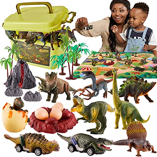 TOEY PLAY Dinosaurio Juguete con Coche, Tapete de Juego, Huevos de Dinosaurio y Caja, Dinosaurios Juguetes Figuras para Niños Niñas 3 4 5 6 Años