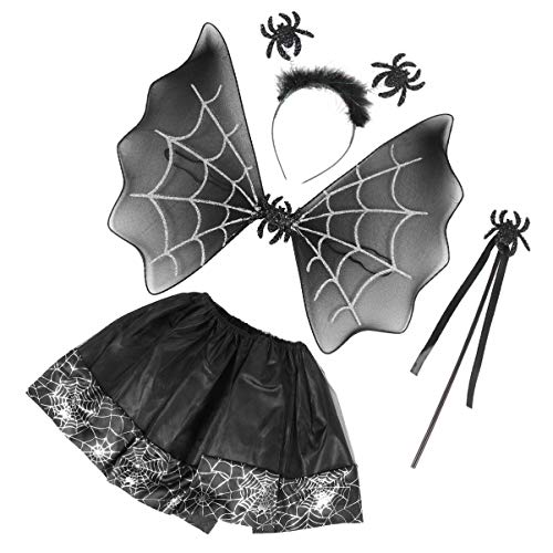 Tomaibaby 4 Piezas Niñas Disfraz de Halloween Niños Disfraz de Araña Tutú Falda ala Diadema Varita Mágica Set Accesorios de Disfraz de Araña para Niños Niña