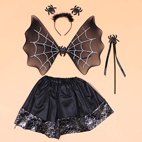 Tomaibaby 4 Piezas Niñas Disfraz de Halloween Niños Disfraz de Araña Tutú Falda ala Diadema Varita Mágica Set Accesorios de Disfraz de Araña para Niños Niña