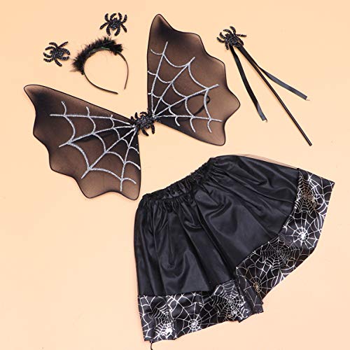 Tomaibaby 4 Piezas Niñas Disfraz de Halloween Niños Disfraz de Araña Tutú Falda ala Diadema Varita Mágica Set Accesorios de Disfraz de Araña para Niños Niña