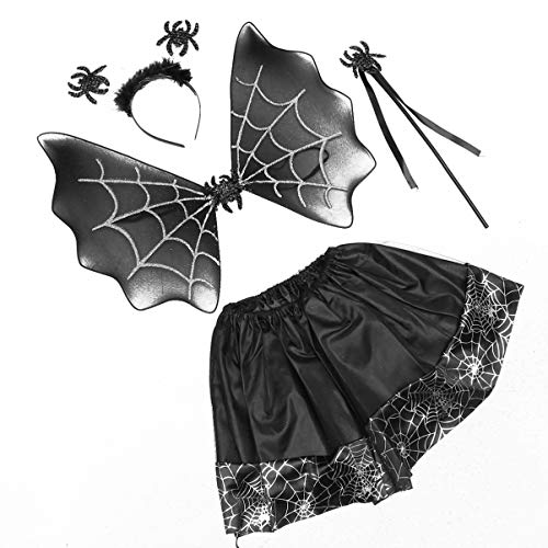 Tomaibaby 4 Piezas Niñas Disfraz de Halloween Niños Disfraz de Araña Tutú Falda ala Diadema Varita Mágica Set Accesorios de Disfraz de Araña para Niños Niña