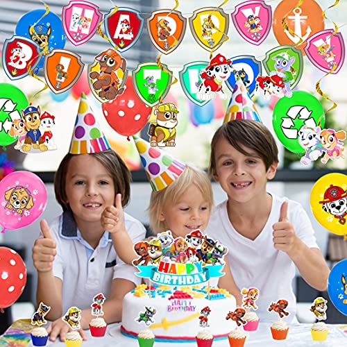 Tomicy Paw Dog Patrol Party Supplies Paw Dog Patrol Tema Globo de Látex de la Patrulla de la Canina Banner de Feliz Cumpleaños de Adorno de Torta Colgando Remolinos Decoraciones