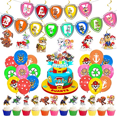 Tomicy Paw Dog Patrol Party Supplies Paw Dog Patrol Tema Globo de Látex de la Patrulla de la Canina Banner de Feliz Cumpleaños de Adorno de Torta Colgando Remolinos Decoraciones