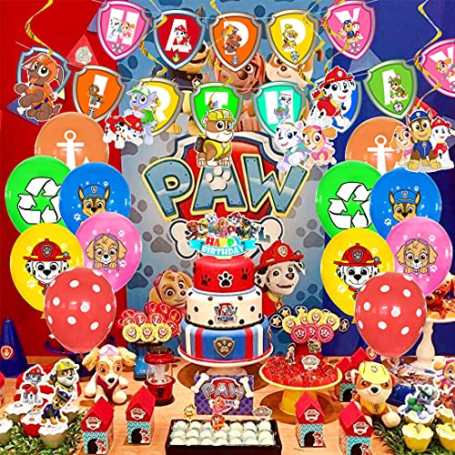 Tomicy Paw Dog Patrol Party Supplies Paw Dog Patrol Tema Globo de Látex de la Patrulla de la Canina Banner de Feliz Cumpleaños de Adorno de Torta Colgando Remolinos Decoraciones