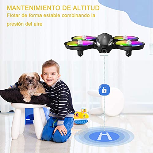 Tomzon A31 Mini Drone para Niño, LED Colores RC Helicopter Modo sin Cabeza Altitud Hold, Control Remoto 3D Flips, Un Botón de Devolución, 3 Modos de Velocidad, Juguete Dron para Niños, 2 Baterías