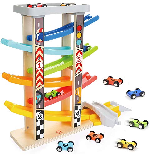 TOP BRIGHT Circuito de Carreras con Coches de Juguete para Bebés y Niños pequeños de 1 a 3 años - Pista de Rampas con 6 Mini Coches y 3 Puentes - Madera de Calidad sin BPA - Seguro y Divertido