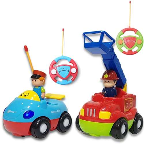 Top Race RC Cartoon Cars Toy, mi primer juego de control remoto de 2 bomberos y carros de policía, canción musical y luz con 2 transmisores; Diferentes frecuencias: jueguen juntos,