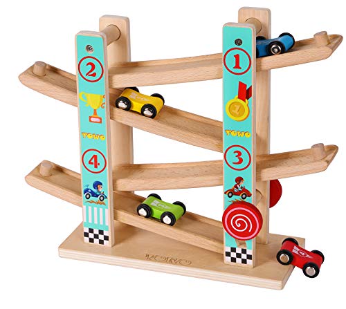 TOWO Juguete Rampa Coches Madera pura-corredera para autos en zig zag-click clack track Pista Carreras circuitos-juguetes para autos niños pequeños-juguetes para autos de carreras niños niñas 1 2 3 4