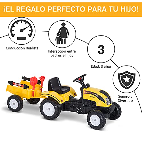 Tractor Pedal con Remolque para Niños 3 Años Juguete de Montar Coche de Pedales Carga 35kg 133x42x51cm Hierro y Plástico