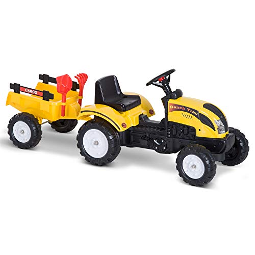 Tractor Pedal con Remolque para Niños 3 Años Juguete de Montar Coche de Pedales Carga 35kg 133x42x51cm Hierro y Plástico