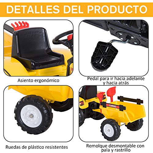 Tractor Pedal con Remolque para Niños 3 Años Juguete de Montar Coche de Pedales Carga 35kg 133x42x51cm Hierro y Plástico