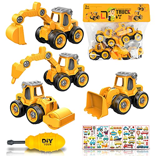 Tractores de Juguete excavadora juguete Ensamblarde Excavadora Tractor Construcciones Juguete Camiones 4 Piezas Grandes Educativos Regalos para Niño 3 4 5 6 Años Con 5 pegatinas