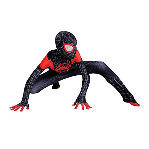 Traje De Cosplay con Estampado 3D Superhéroe Spider Man Miles Morales Disfraces Carnaval De Halloween Traje De Los Vengadores Traje De Disfraces para Fiestas Accesorios,Black-Kids(120~130cm)