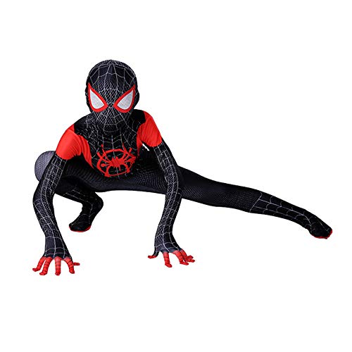 Traje De Cosplay con Estampado 3D Superhéroe Spider Man Miles Morales Disfraces Carnaval De Halloween Traje De Los Vengadores Traje De Disfraces para Fiestas Accesorios,Black-Kids(120~130cm)