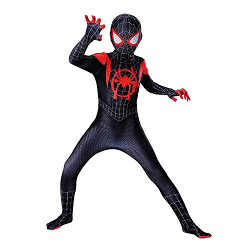 Traje De Cosplay con Estampado 3D Superhéroe Spider Man Miles Morales Disfraces Carnaval De Halloween Traje De Los Vengadores Traje De Disfraces para Fiestas Accesorios,Black-Kids(120~130cm)