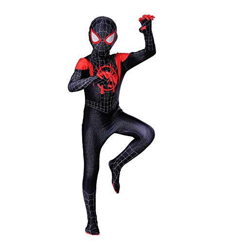 Traje De Cosplay con Estampado 3D Superhéroe Spider Man Miles Morales Disfraces Carnaval De Halloween Traje De Los Vengadores Traje De Disfraces para Fiestas Accesorios,Black-Kids(120~130cm)