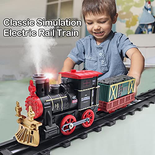 Tren Kit Juguete para Niños Clasico Tren Electrico Locomotora de Vapor, vagón de Carga Humo, Luces & Sonido, Ferrocarril Kit Juguetes Regalo para Niños