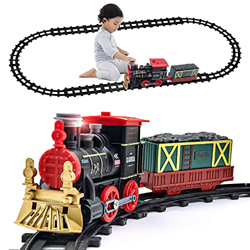 Tren Kit Juguete para Niños Clasico Tren Electrico Locomotora de Vapor, vagón de Carga Humo, Luces & Sonido, Ferrocarril Kit Juguetes Regalo para Niños