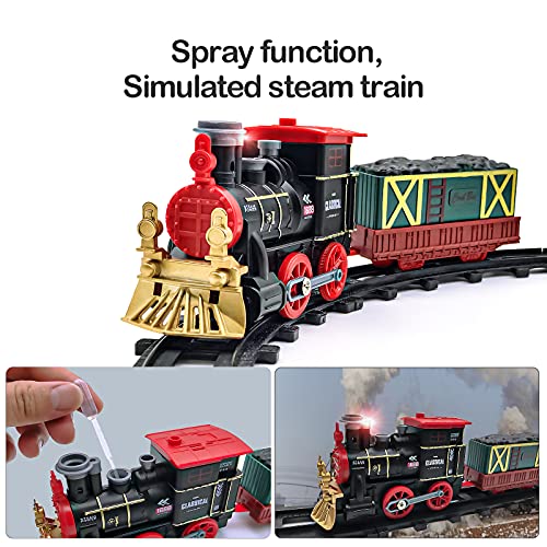 Tren Kit Juguete para Niños Clasico Tren Electrico Locomotora de Vapor, vagón de Carga Humo, Luces & Sonido, Ferrocarril Kit Juguetes Regalo para Niños