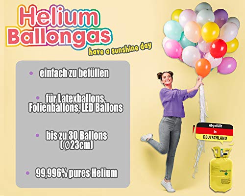 Trendario Helio para globos – gas para globos – XL para hasta 30 globos – Depósito de helio incluye 30 globos de látex y cinta para globos para rellenar fácilmente