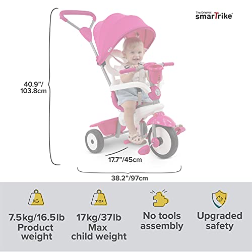 Triciclo para bebé SmarTrike Breeze Plus para niños de uno a tres años - Triciclo Multietapa 4 en 1, Rosa Princesa