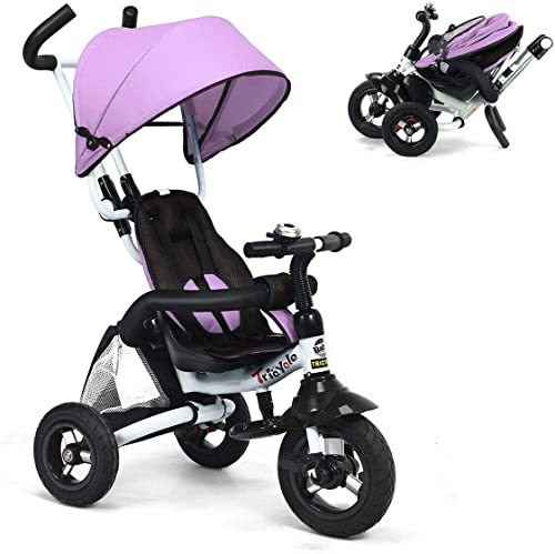 Triciclo para Niños, Plegable Triciclo Evolutivo con baranda Desmontable, toldo Ajustable, arnés de Seguridad, Pedal Plegable, Bolsa de Almacenamiento, Freno, diseño de absorción de Impactos (Rosado)