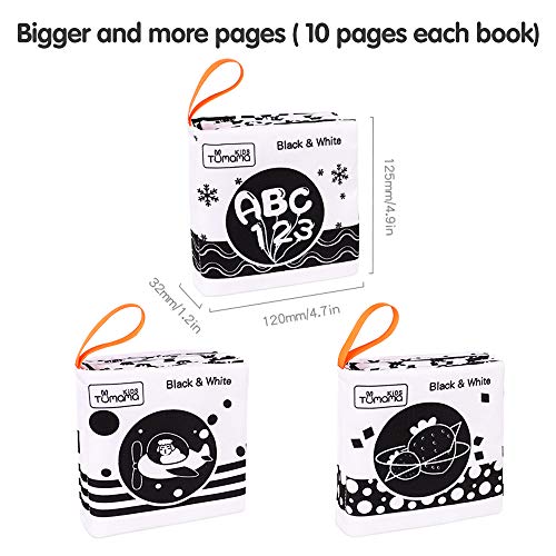 Tumama Libros de Tela Suave para bebés, Libros de Tela en Blanco y Negro Juguetes de Peluche con Animales,Fruta,número,Forma,Juguete de Aprendizaje de Letras para bebés,niños(3packs)