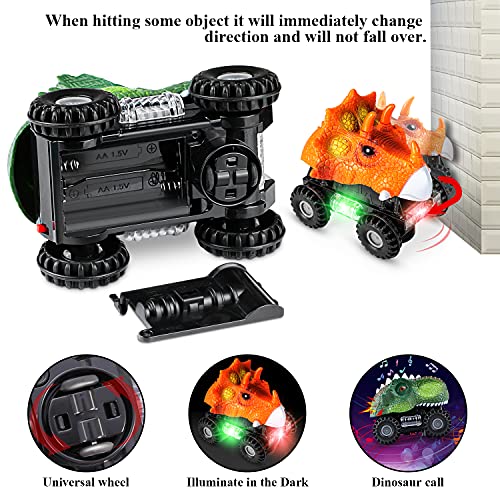 TYRSEN Coches Dinosaurios, T-Rex & Triceratops Dino Cars con Luces LED y Sonidos Realistas, Divertidos Juguetes de Dinosaurios, Regalos Cumpleaños para Niños Niñas