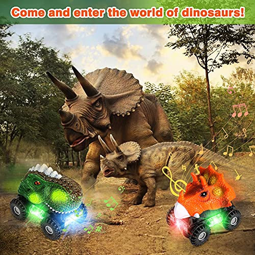 TYRSEN Coches Dinosaurios, T-Rex & Triceratops Dino Cars con Luces LED y Sonidos Realistas, Divertidos Juguetes de Dinosaurios, Regalos Cumpleaños para Niños Niñas