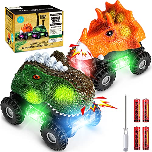 TYRSEN Coches Dinosaurios, T-Rex & Triceratops Dino Cars con Luces LED y Sonidos Realistas, Divertidos Juguetes de Dinosaurios, Regalos Cumpleaños para Niños Niñas