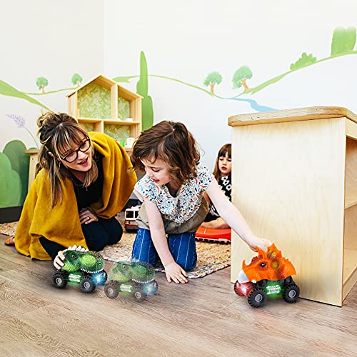 TYRSEN Coches Dinosaurios, T-Rex & Triceratops Dino Cars con Luces LED y Sonidos Realistas, Divertidos Juguetes de Dinosaurios, Regalos Cumpleaños para Niños Niñas