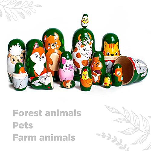 Ulanik Juego de 3 lotes de 5 piezas de 10,5 cm de animales matrioska Edad 3 + Nesting Muñeca Rusa pintada a mano Matrioshka de madera para aprender preescolar