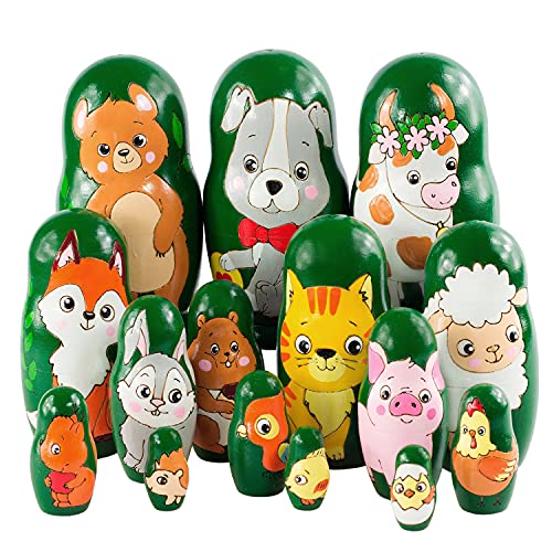 Ulanik Juego de 3 lotes de 5 piezas de 10,5 cm de animales matrioska Edad 3 + Nesting Muñeca Rusa pintada a mano Matrioshka de madera para aprender preescolar