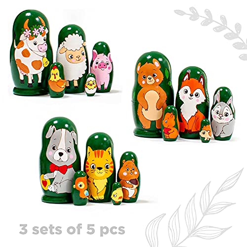 Ulanik Juego de 3 lotes de 5 piezas de 10,5 cm de animales matrioska Edad 3 + Nesting Muñeca Rusa pintada a mano Matrioshka de madera para aprender preescolar