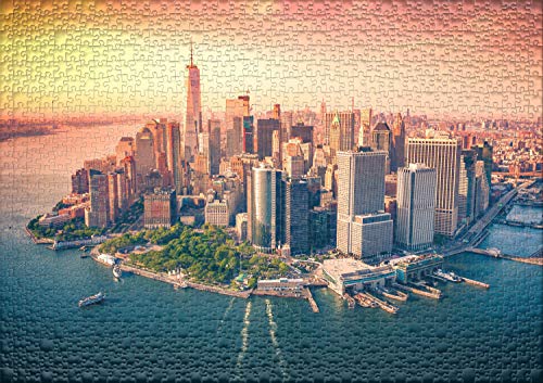 Ulmer Puzzleschmiede - Puzzle "centro de Manhattan": Puzzle de 1000 piezas - Motivo del rompecabezas del horizonte de Manhattan - Nueva York bajo el sol del atardecer