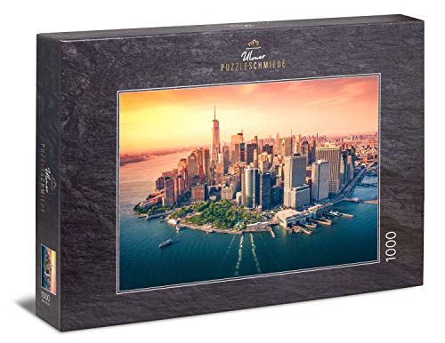 Ulmer Puzzleschmiede - Puzzle "centro de Manhattan": Puzzle de 1000 piezas - Motivo del rompecabezas del horizonte de Manhattan - Nueva York bajo el sol del atardecer