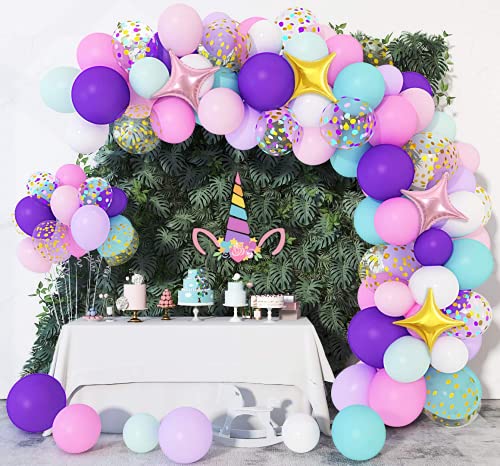 Unicornio Cumpleaños Decoración Globos 138 Piezas Fiesta Látex Globos Guirnalda Rosa Púrpura Azul Niña Mujer Niños Confeti Estrella Globos Arco