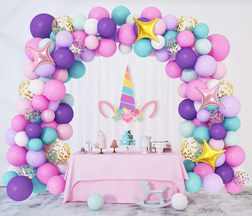 Unicornio Cumpleaños Decoración Globos 138 Piezas Fiesta Látex Globos Guirnalda Rosa Púrpura Azul Niña Mujer Niños Confeti Estrella Globos Arco