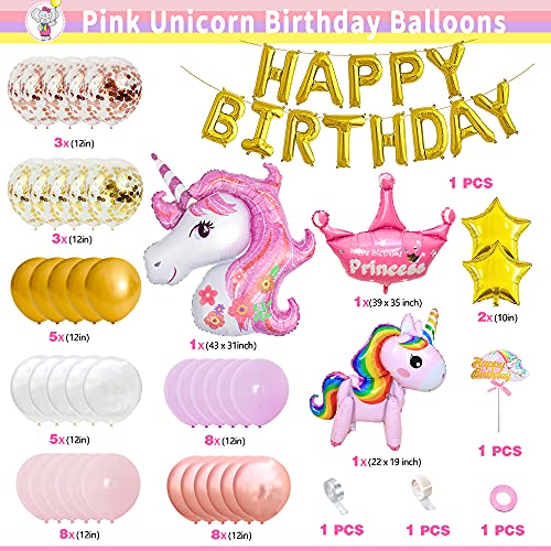 Unicornio Decoracion Cumpleaños Niña,Globos Fiesta Decoracion Cumpleaños Niña con Globos de Unicornio,Globos de Pony,Corona,Pancarta de Feliz Cumpleaños Para Decoración de Cumpleaños de Niñas Pequeñas