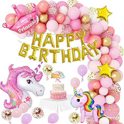 Unicornio Decoracion Cumpleaños Niña,Globos Fiesta Decoracion Cumpleaños Niña con Globos de Unicornio,Globos de Pony,Corona,Pancarta de Feliz Cumpleaños Para Decoración de Cumpleaños de Niñas Pequeñas